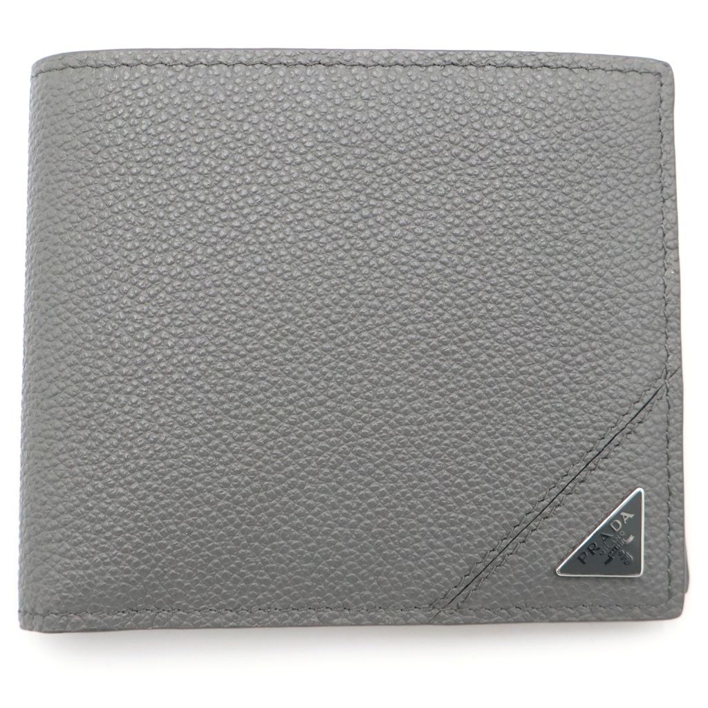 PRADA (プラダ) トライアングルロゴ コンパクトウォレット 二つ折り財布 グレー レザー 2MO738