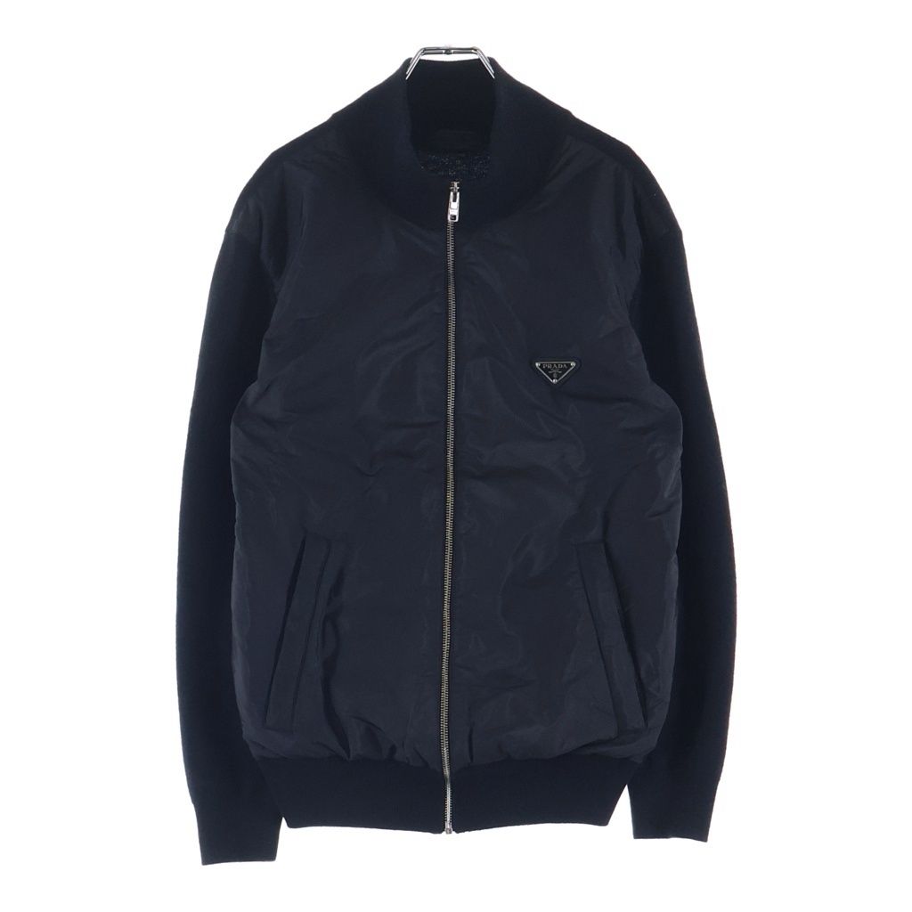 PRADA (プラダ) トライアングルロゴ ニット切替 ジップアップ ナイロンジャケット ブラック UMG116