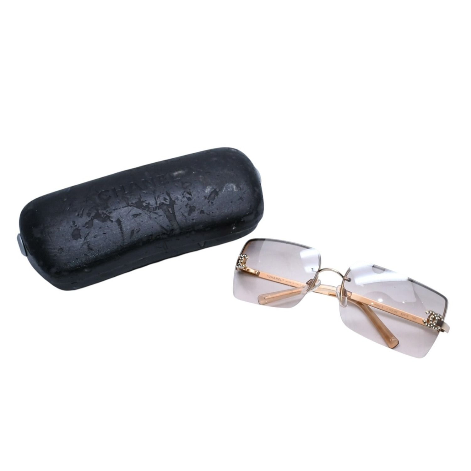 CHANEL シャネル ハーフリム サングラス アイウェア 4092-B c.102/8Z サイズ62□15 120 ココマーク ラインストーン 美品 中古 4a002136