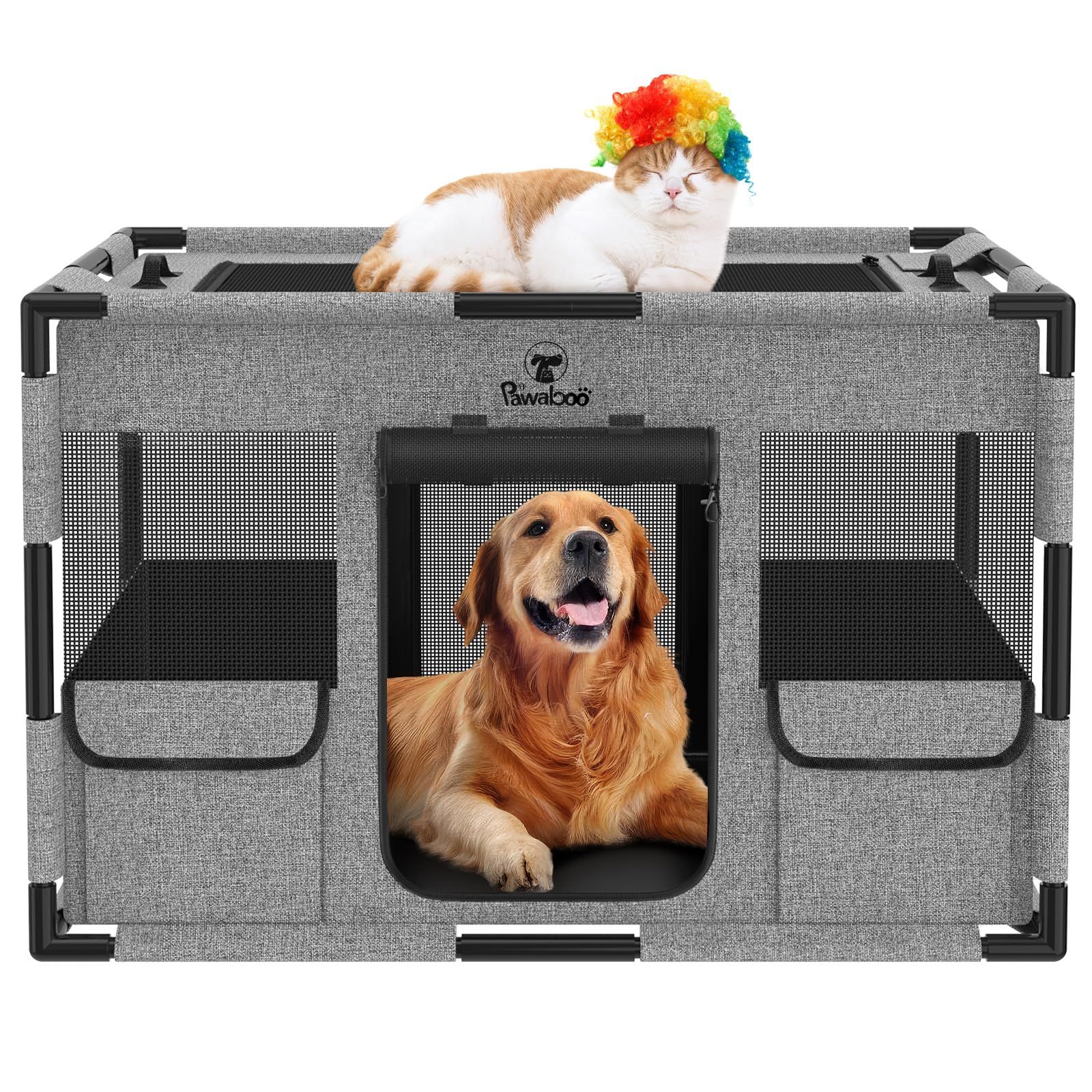 Pawaboo ペットサークル 折りたたみ 犬 ケージ メッシュ 扉付き 小型犬さーくる 屋根付き 室内 組立簡単 長方形 キャットサークル ペットフェンス 犬 屋外サークル ファスナー式 出入り便利 うさぎ ケージ 引き裂けにくい 防水 グレー＋ブラック L
