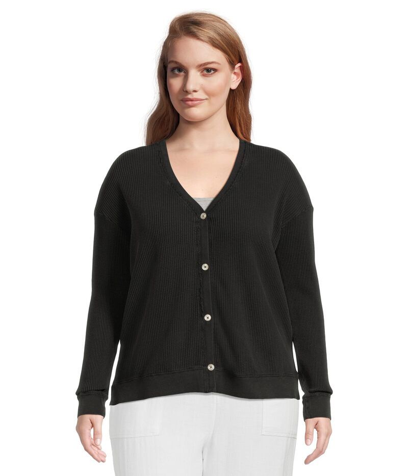 モッドドック レディース アウター ニット・セーター カーディガン Mododoc Long Sleeve Button Front Waffle Cardigan Black ブラック