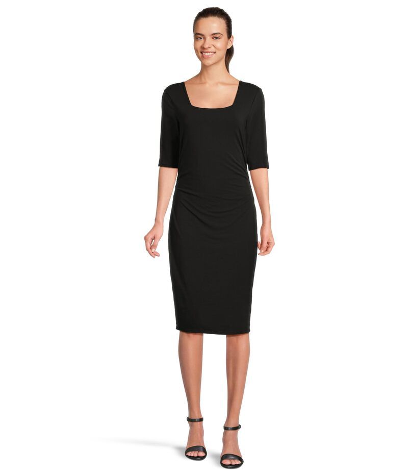 モッドドック レディース トップス ワンピース ギャザー Mododoc Elbow Sleeve Below The Knee Ruched Dress Black ブラック