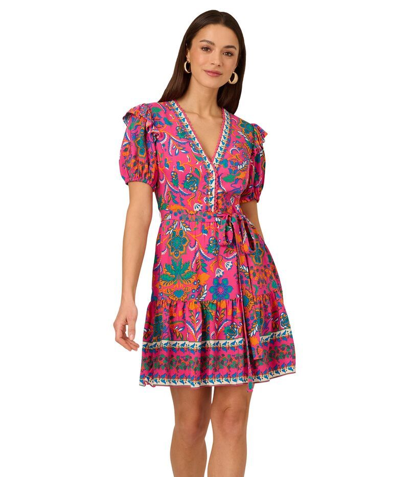 アドリアナ パペル レディース トップス ワンピース プリント Adrianna Papell Printed Short Flounce Dress Hot PinkMulti ピンク