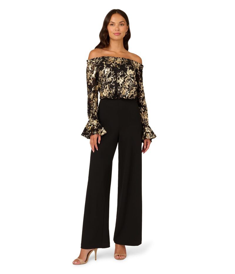 アドリアナ パペル レディース トップス ジャンプスーツ クレープ レース Adrianna Papell Lace and Crepe Jumpsuit BlackGold ブラック