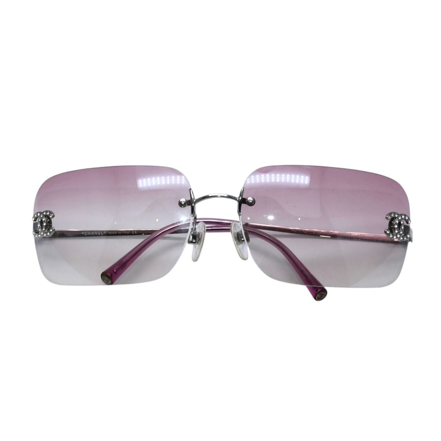 極美品 CHANEL シャネル Sunglasses サングラス リムレス サイドラインストーンココマーク ピンク シルバーフレーム 4017-D 中古 4a002449