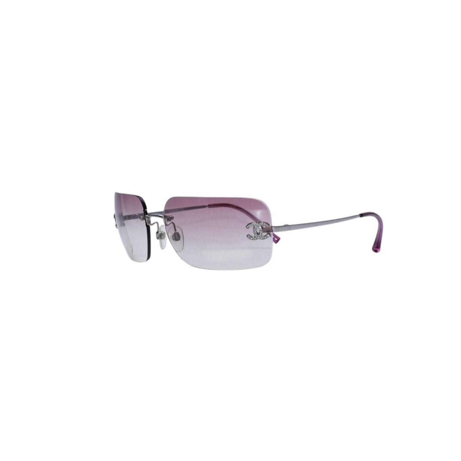 極美品 CHANEL シャネル Sunglasses サングラス リムレス サイドラインストーンココマーク ピンク シルバーフレーム 4017-D 中古 4a002449