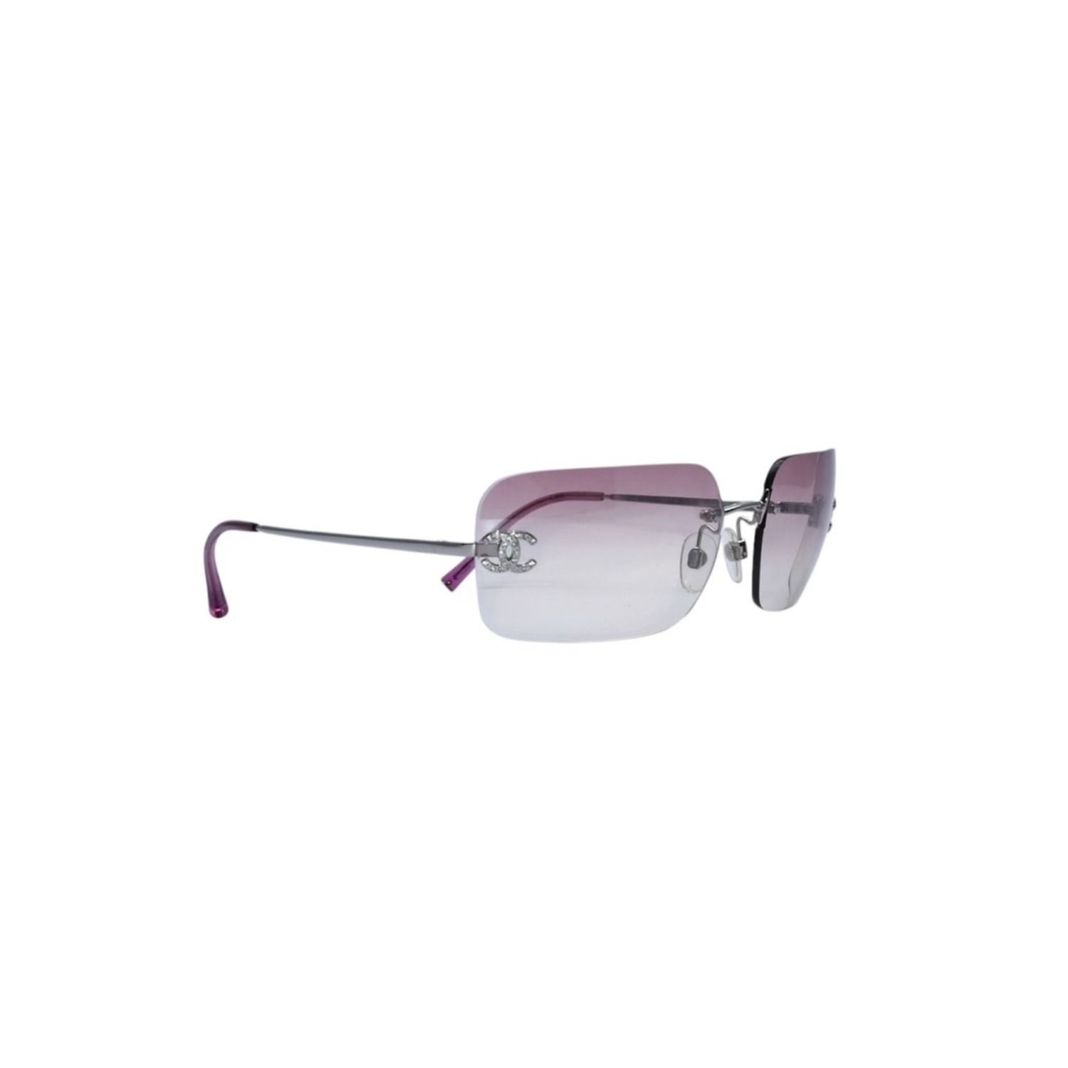 極美品 CHANEL シャネル Sunglasses サングラス リムレス サイドラインストーンココマーク ピンク シルバーフレーム 4017-D 中古 4a002449