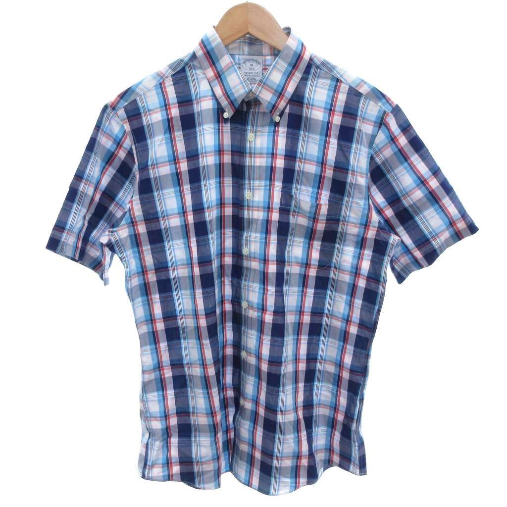 ブルックスブラザーズ BROOKS BROTHERS 美品 シャツ M 青 ブルー 白 ホワイト チェック柄 ボタンダウンカラー 半袖 /MX ■ECG003