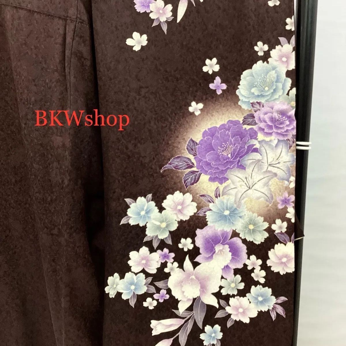 大特価 現品限り＞ used 正絹 振袖・袋帯 2点セット こげ茶 紫花柄 
