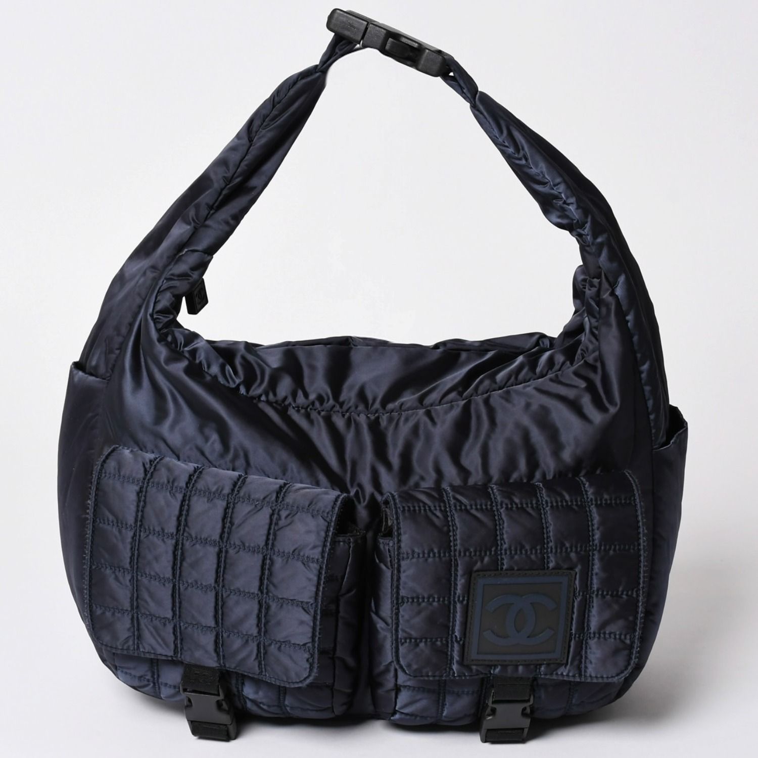 極美品 CHANEL シャネル スポーツライン ワンショルダーバッグ 9番台 ココマーク チョコバー ナイロン ネイビー シルバー金具 中古 4a001988