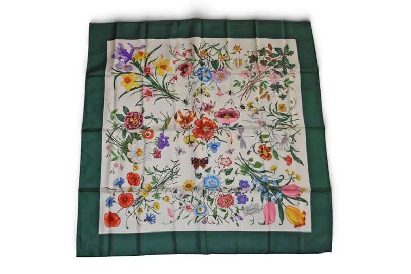 グッチ スカーフ GUCCI ヴィンテージ 大判スカーフ フローラプリント/フラワー柄 グリーンマルチ【中古】