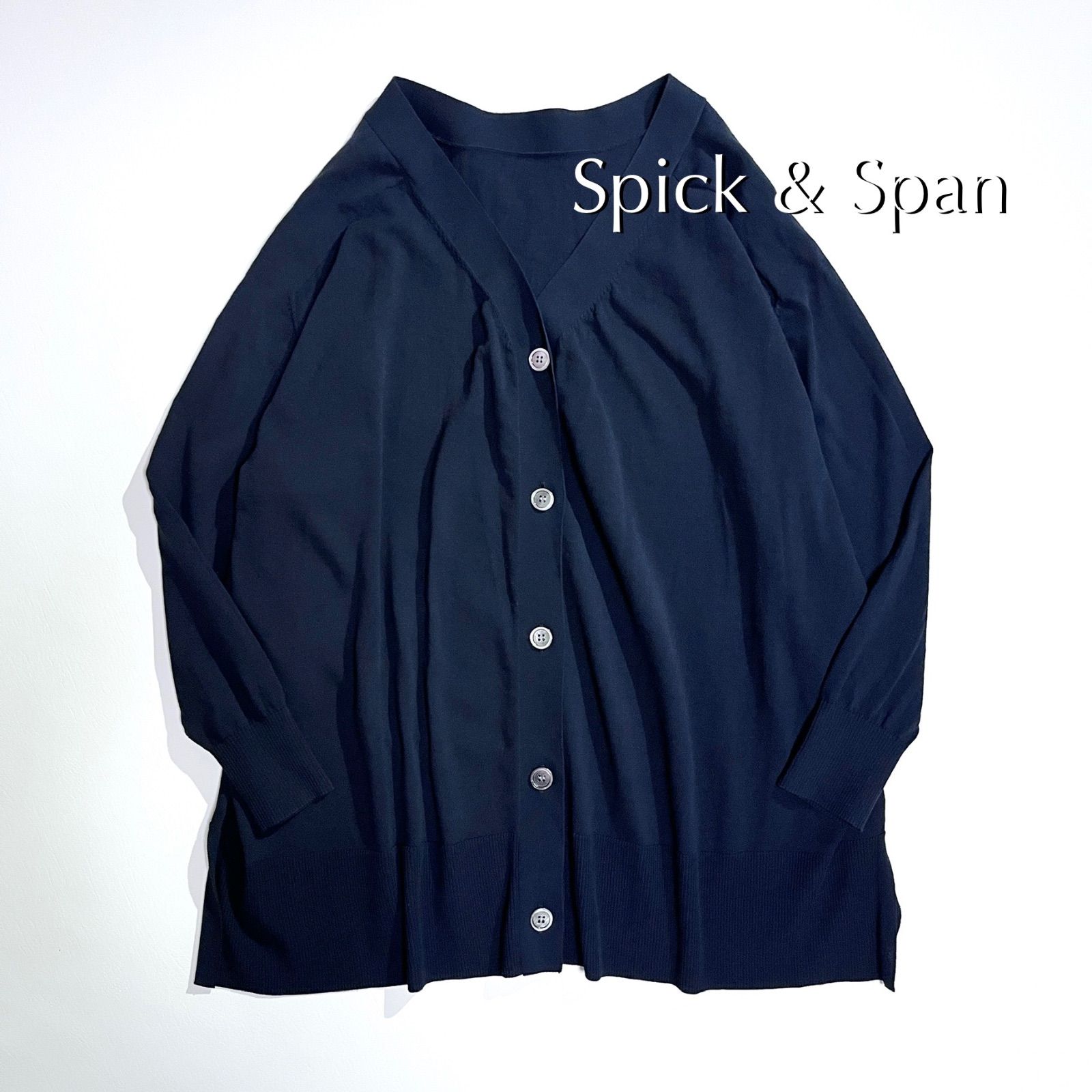 cU53 Spick & Span 2023SS ICECOTTON 2wayオーバーサイズカーディガン エポーレット ノーカラー Vネック ボタン ブラック 黒 スピックアンドスパン 定価15,400円