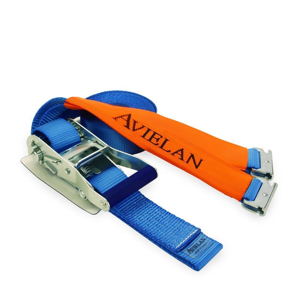 新品 アヴィエラン(AVIELAN) ラッシングベルト 50mm幅 Rフック(トラックレール対応) 巻取 9m 固定 0.5m ブルー (右固定仕様)