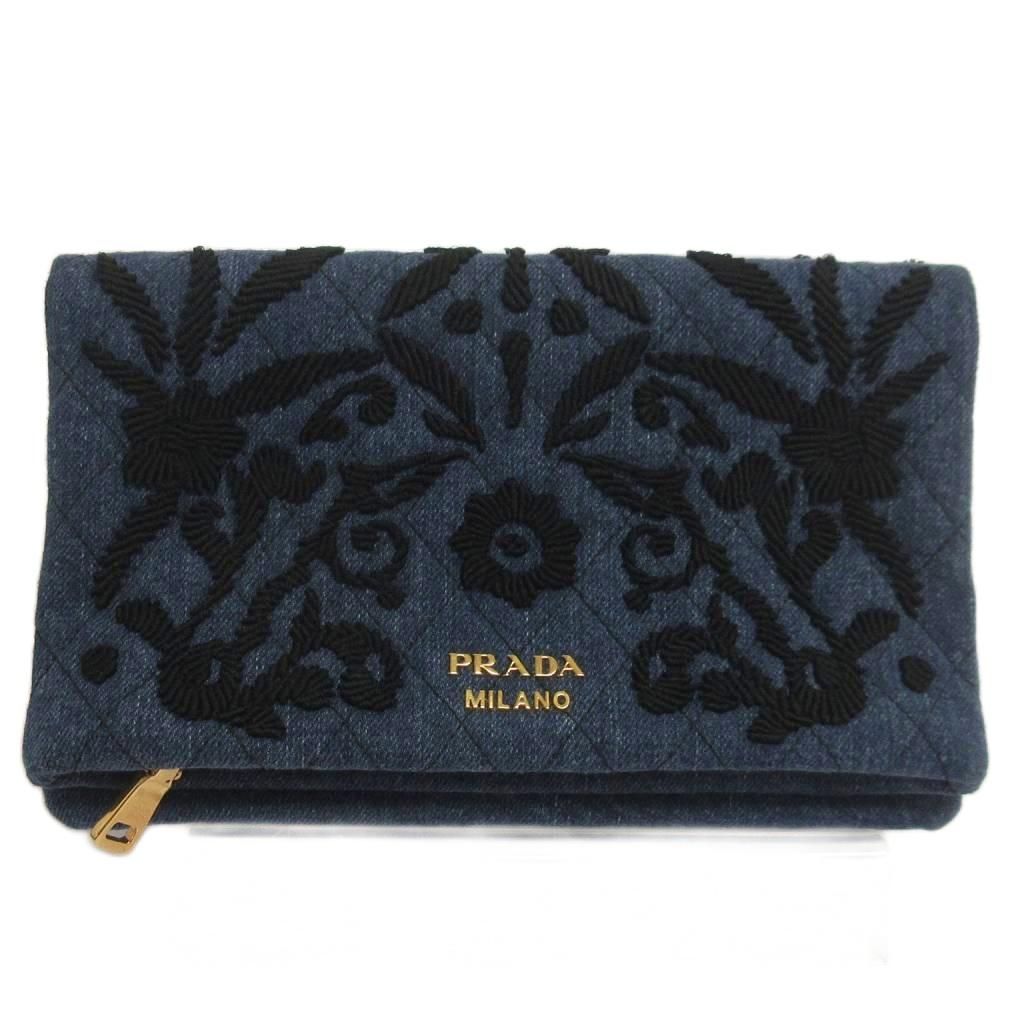 プラダ PRADA 美品 デニム クラッチ ポーチ 刺繍 1MS003 紺 ネイビー