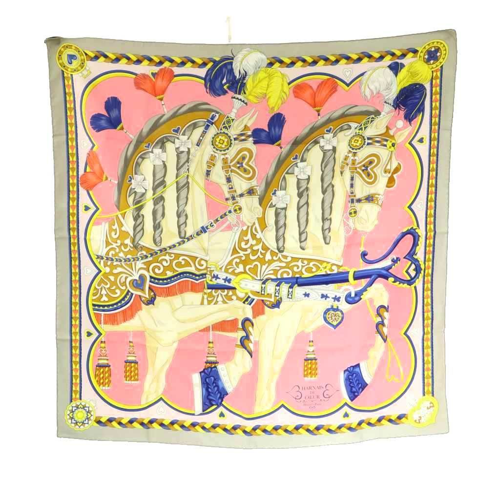 エルメス HERMES HARNAIS DE COEUR カレ90 スカーフ 総柄 シルク ピンク マルチカラー /MI ■OS ■OH