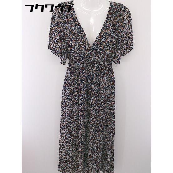 ◇ fifth フィフス 花柄 カシュクール 半袖 膝下丈 フレア ワンピース ブラック マルチ レディース 【中古】 【1201270005088】