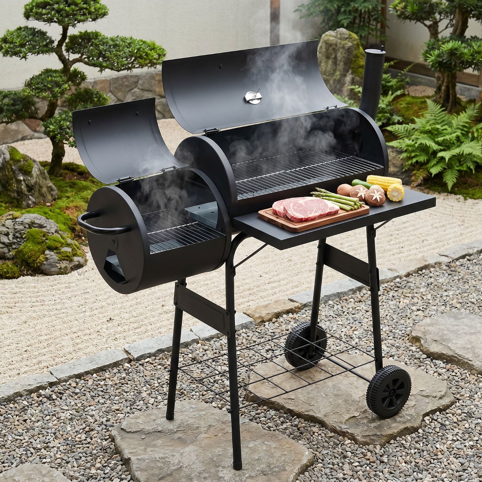 【数量限定SALE★予約販売】BBQグリル バーベキューコンロ 2か所同時調理 焼き分け可能 温度計付き 燻製対応 バレル式 大型 8-12人用 フタ付き 煙突付き BBQスタンド 焼肉 アウトドア 庭 キャンプ キャスター付き 多機能 BBQコンロ ブラック