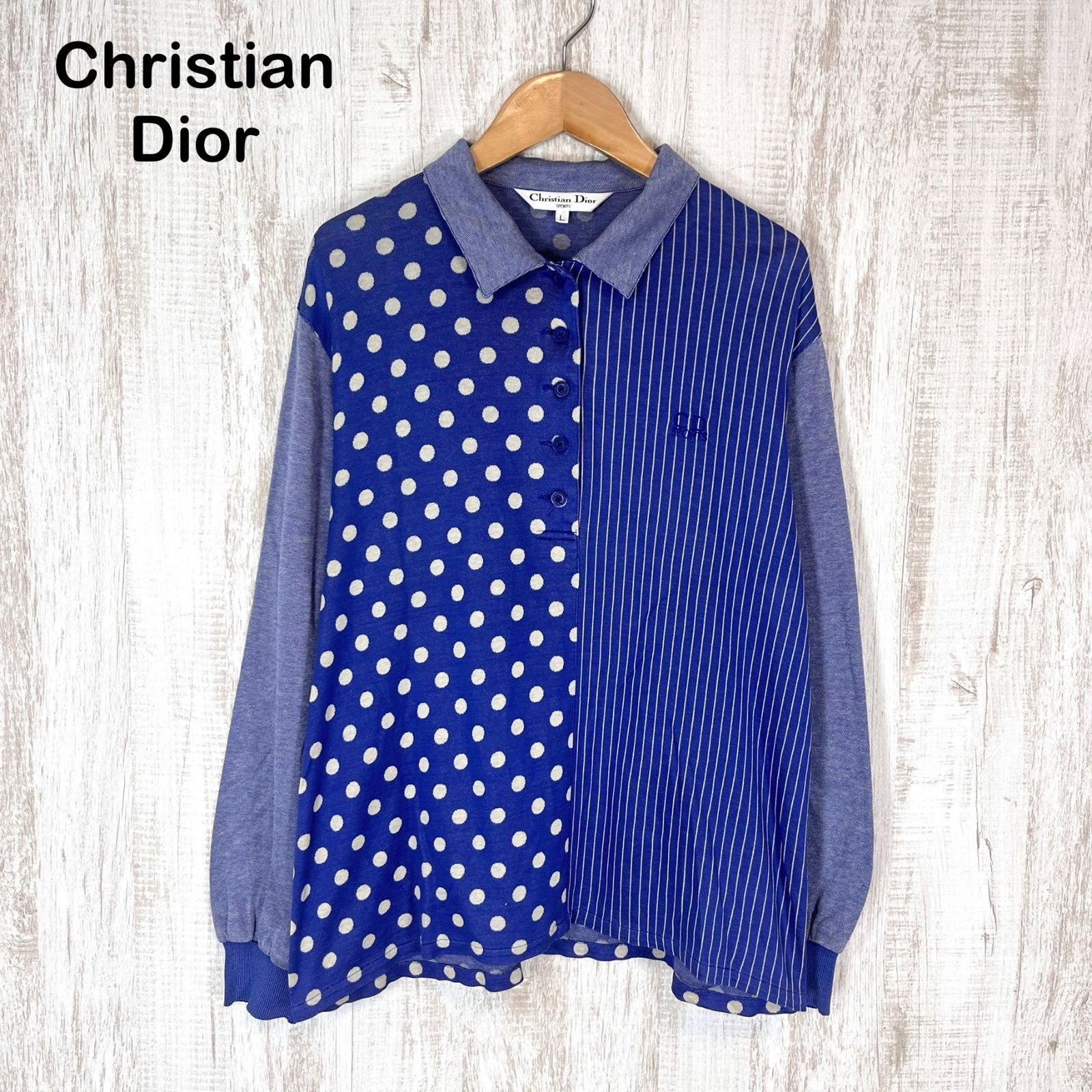 90s Christian Dior SPORTS クリスチャンディオール スポーツ ロゴ刺繍 ストライプ ドット 総柄 長袖 シャツ ブルー レディース トップス