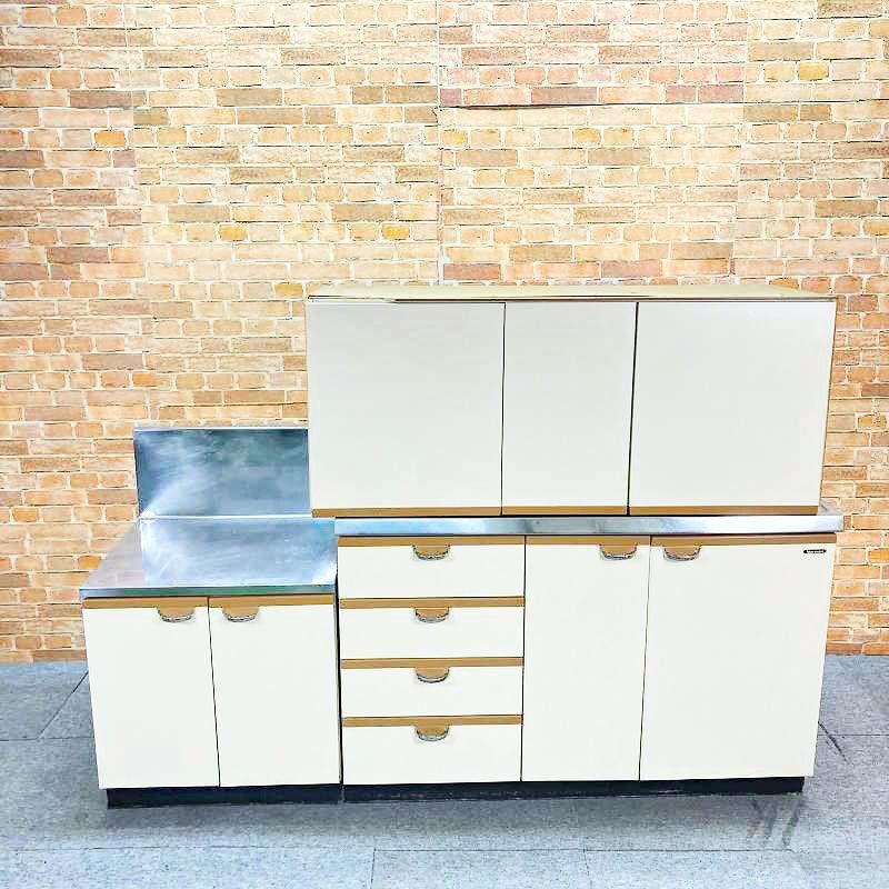 【中古品】 タカラスタンダード ☆吊戸棚付き☆ ステンレス製 ボックスキッチン 調理台 コンロ台 収納棚 「幅180cm 1800mm」 ガス台 流し台 BOXキッチン 40E