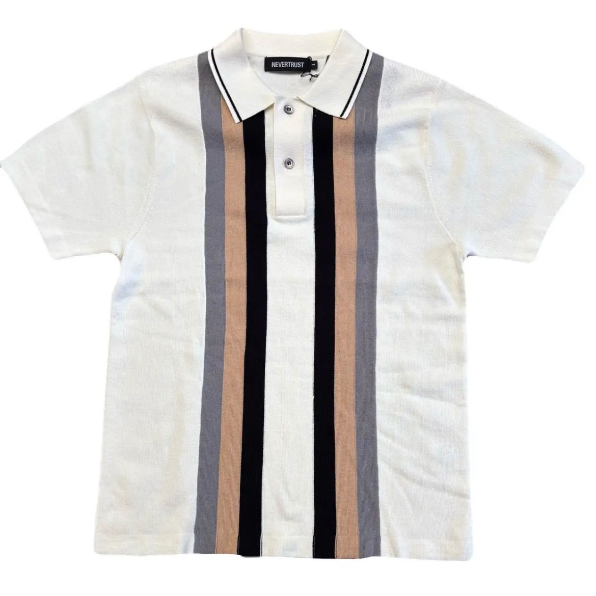 never trust マルチストライプ・ニットポロ　OFF WHITE　　モッズ　昭和　レトロ　アイビー　パンク　レゲエ　SKA