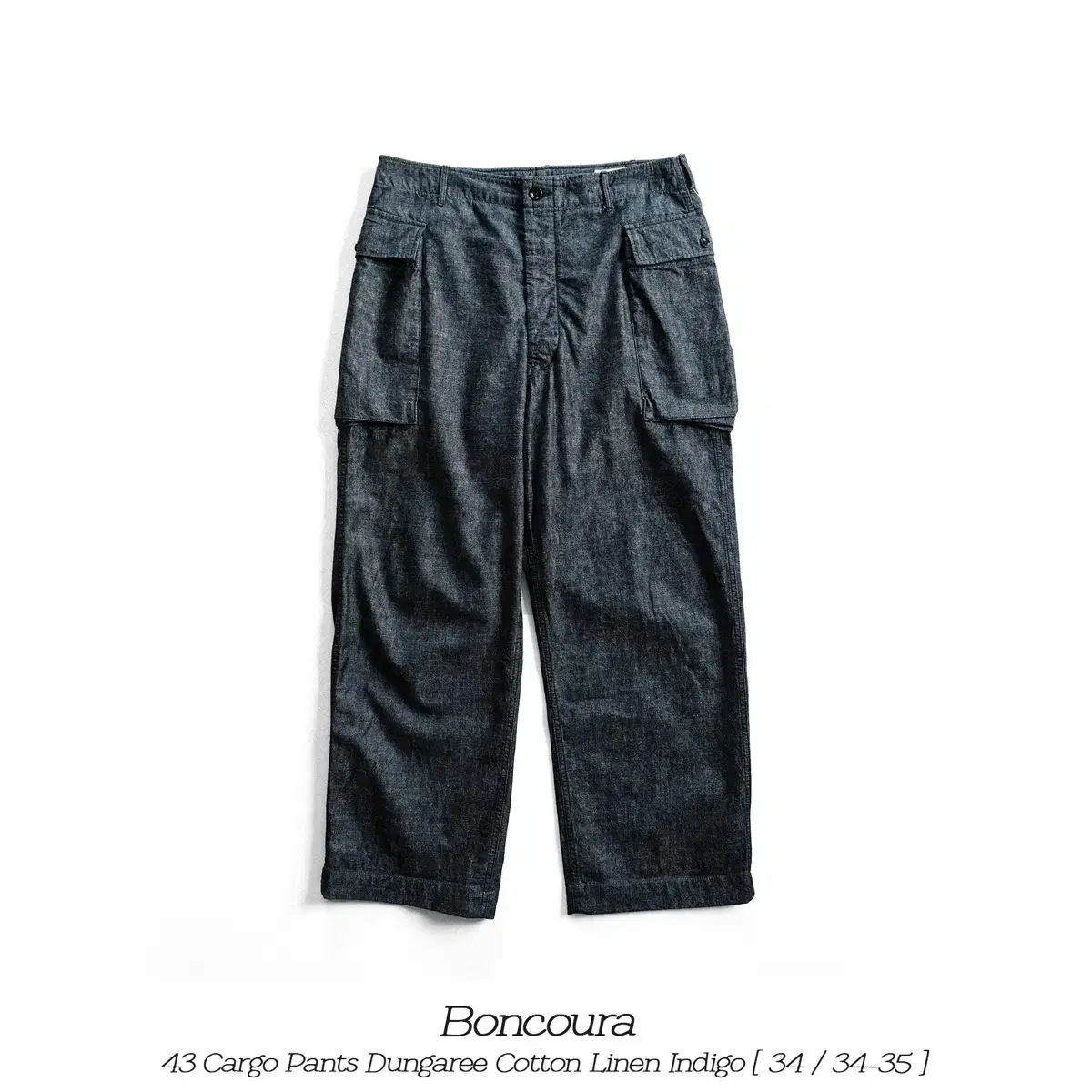 ボンクラダンガリー コットンリネン インディゴ カーゴパンツ 34サイズ Boncoura ボンクラ