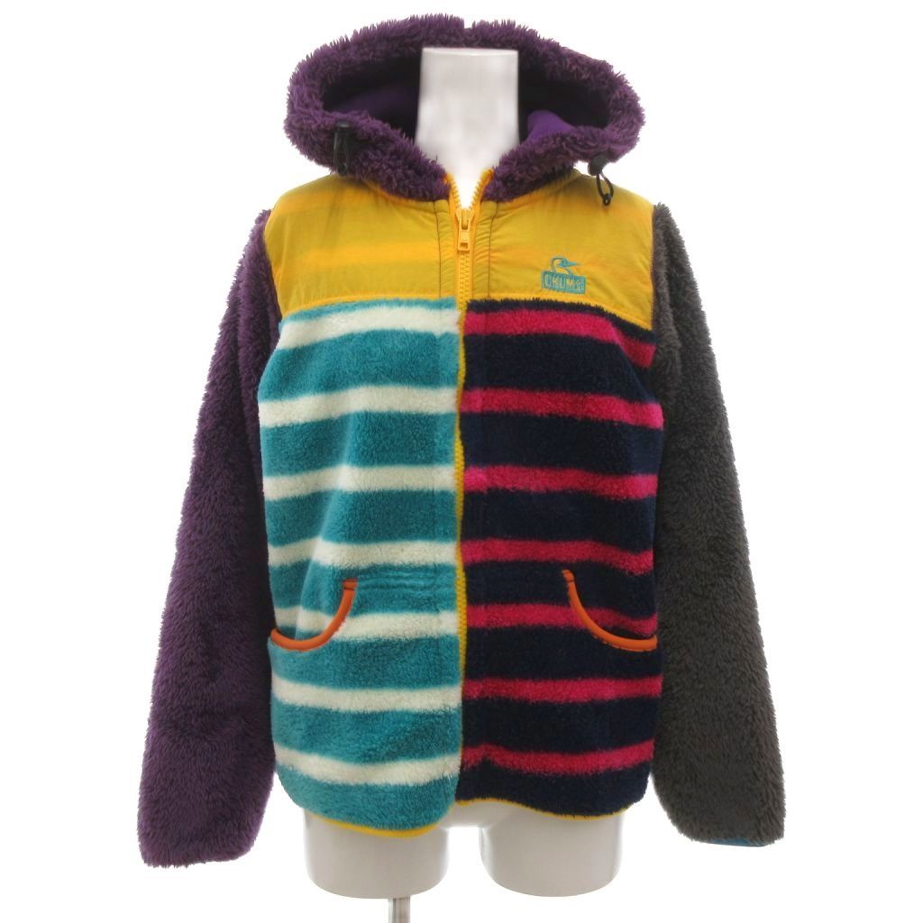チャムス CHUMS 美品 ジップパーカー ジャケット フリース XS ボーダー柄 短丈 切り替え フード付き ポケット付き マルチカラー /KB ■GY06