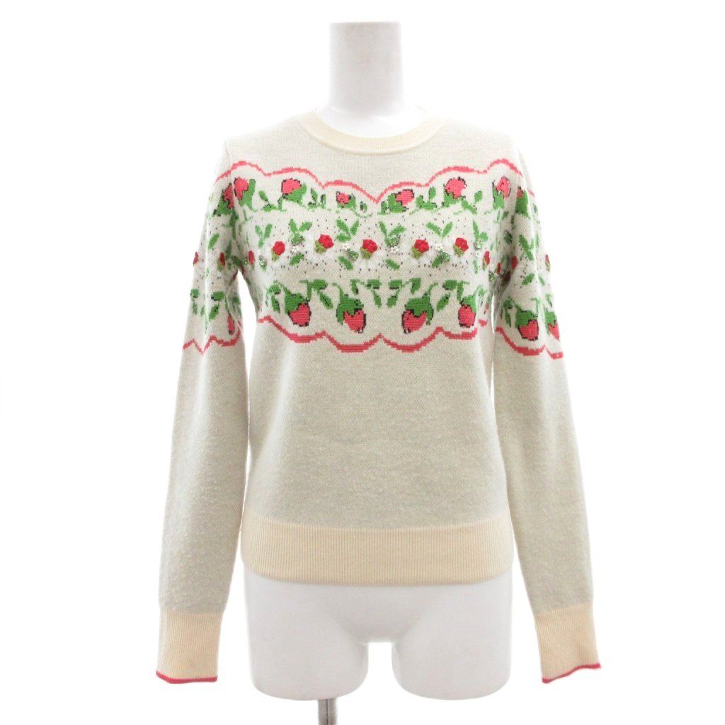 トリーバーチ TORY BURCH ニット セーター イチゴ花柄 ラウンドネック 長袖 ビジュー装飾 XXS/TTP アイボリー /SD ■GY06