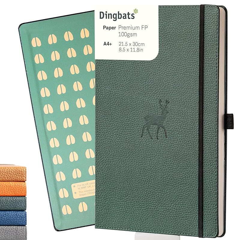 【新品】 Dingbats - 野生動物 方眼罫大型ノート, 緑色の鹿, A4 - ハードカバーノート - クリーム色100gsmインク耐性紙 - ペンホルダー&しおり付き 0