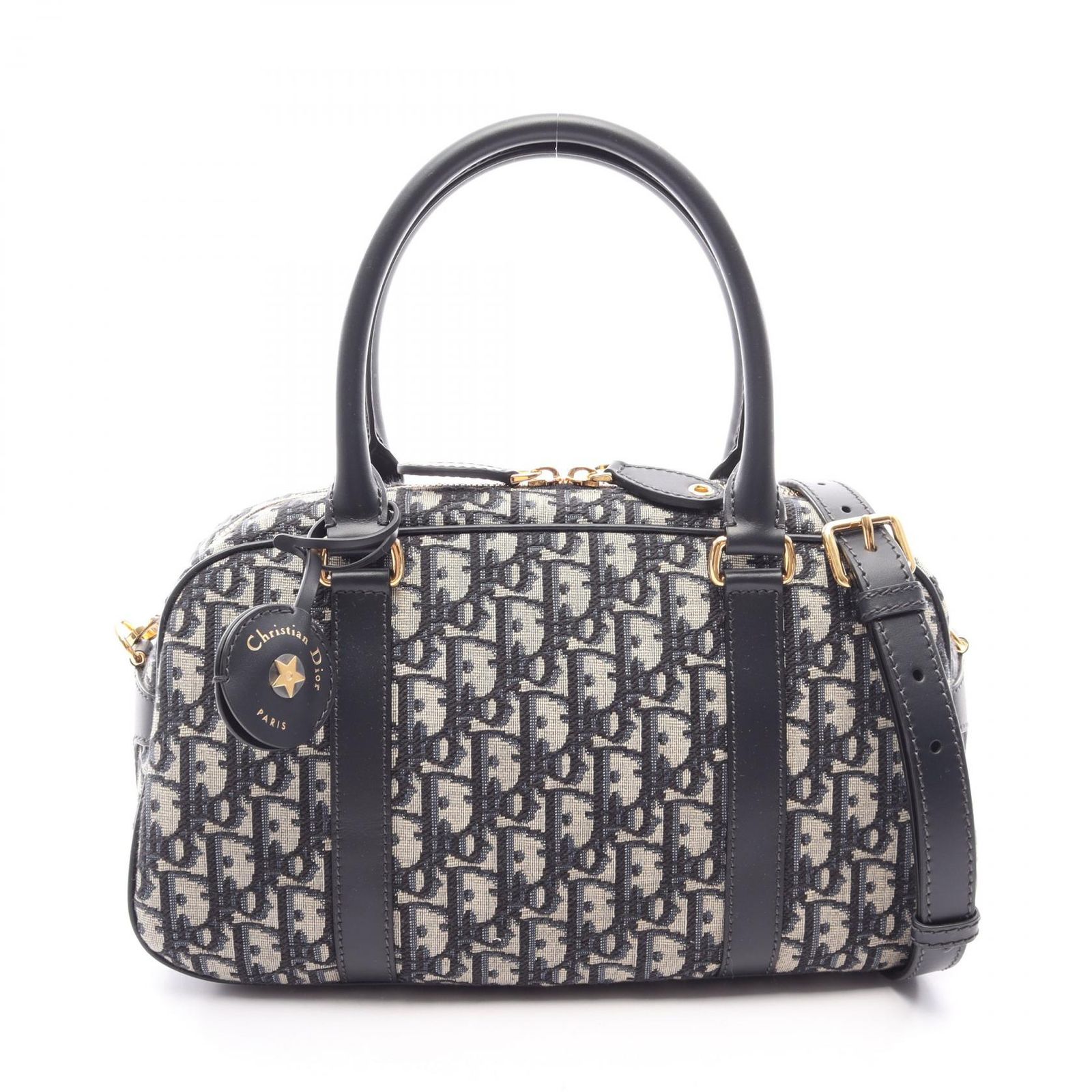 ディオール Dior ハンドバッグ D-vibe ボウリングバッグ ミディアム オブリーク 2WAY ネイビー キャンバス レザー オブリーク D-Vibe ミディアム レディース Used A
