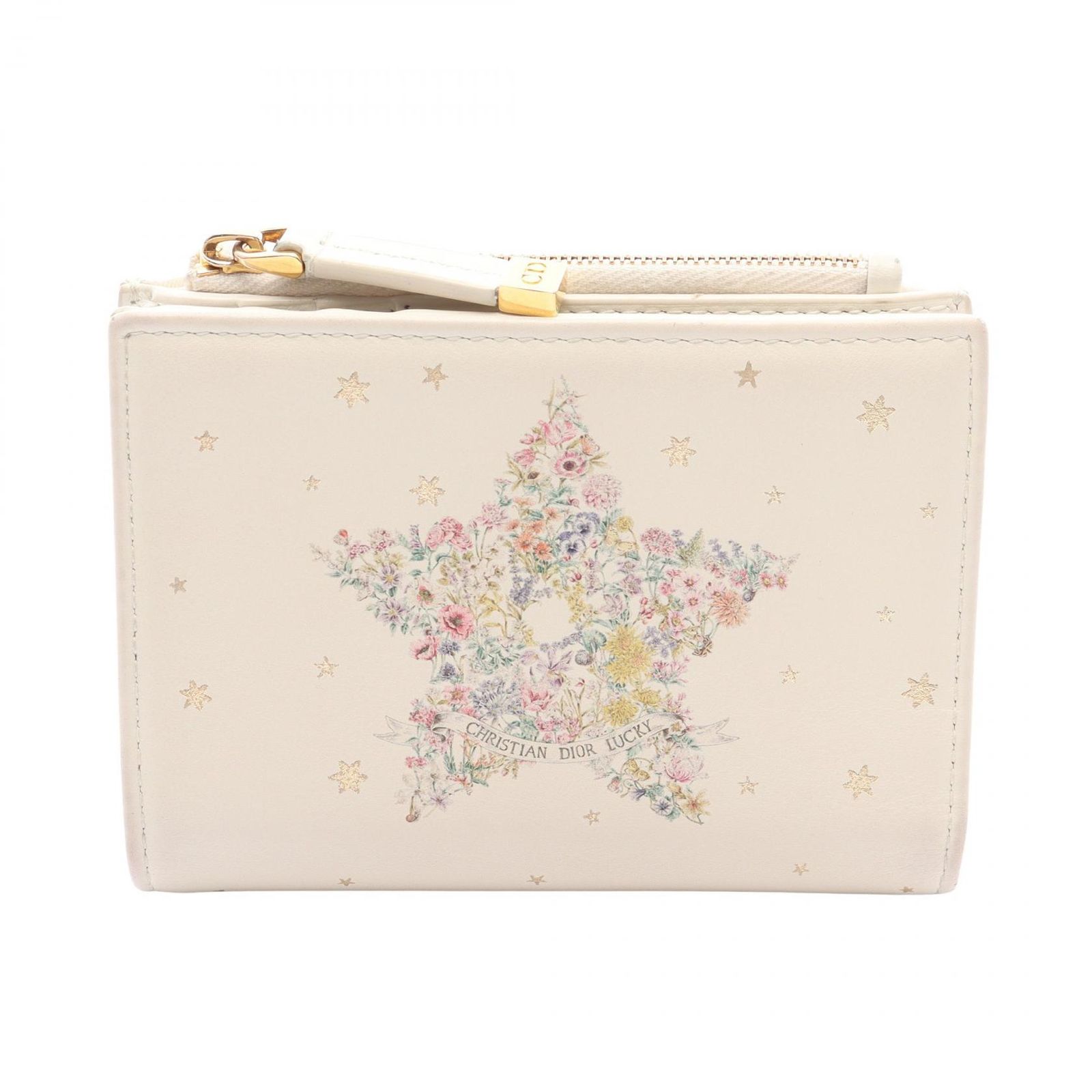 ディオール Dior 二つ折り財布 Lucky Dahlia ホワイト レザー ディオール ラッキー ウォレット レディース Used B