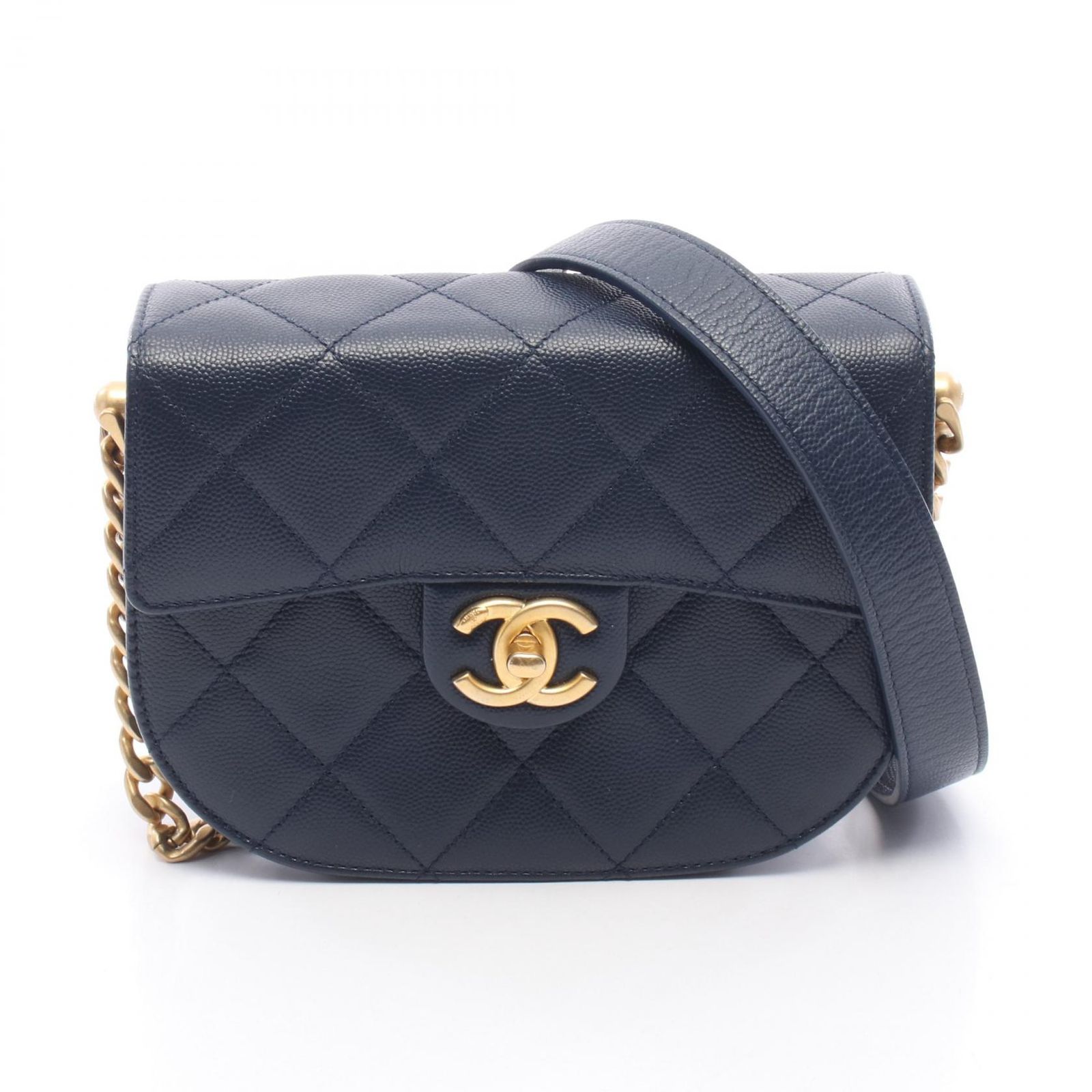 シャネル CHANEL ショルダーバッグ マトラッセ ネイビー キャビアスキン(グレインドカーフ) マトラッセ スモールフラップ チェーンショルダー レディース Used A 283,860円