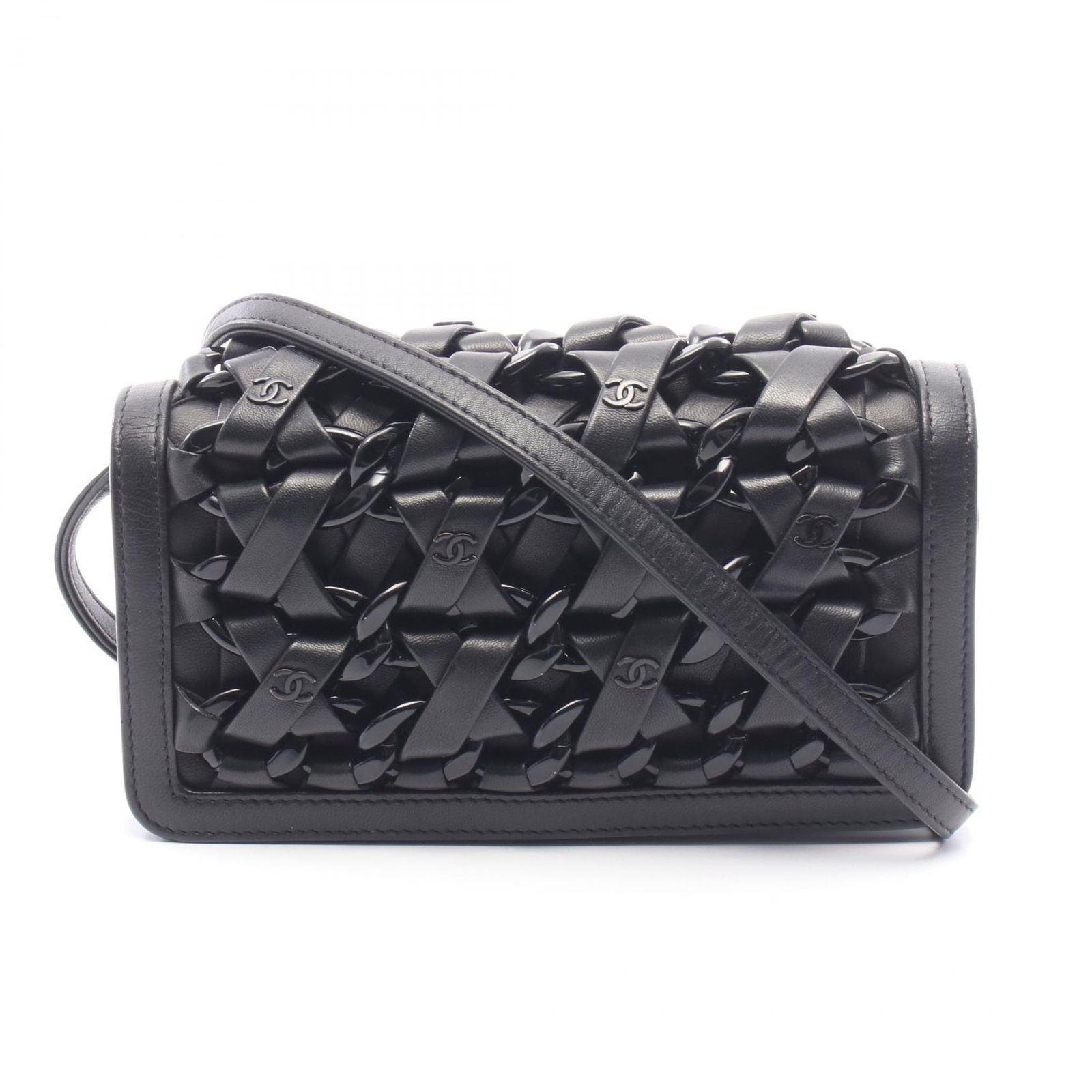 シャネル CHANEL ショルダーバッグ インターレース ココマーク A67690 ブラック ラムスキン(羊革) インターレース チェーンショルダー レディース Used A