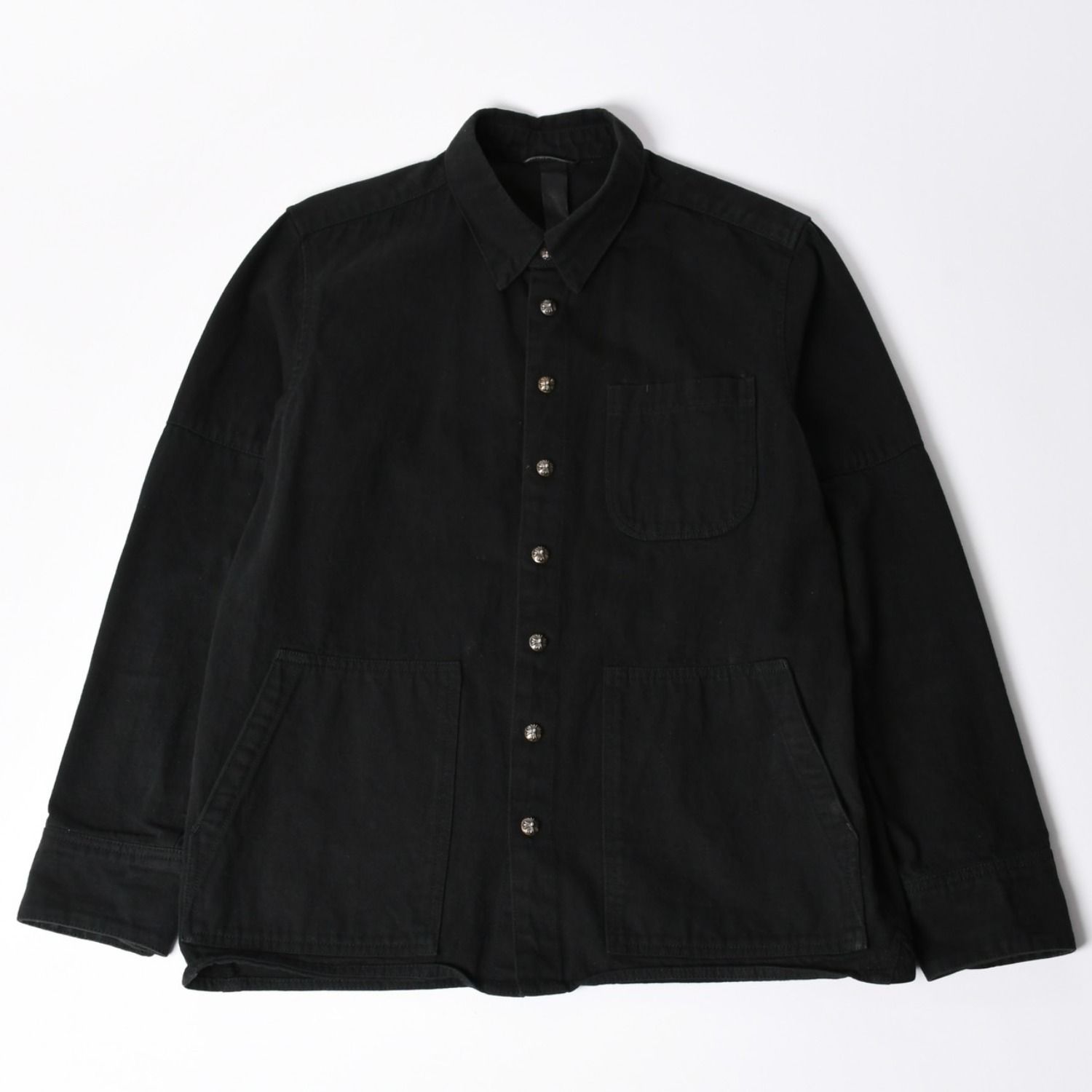 極美品 CHROME HEARTS クロムハーツ コンチョ デニムシャツ カバーオール 長袖シャツ ブラック トップス サイズM 中古 4a002374