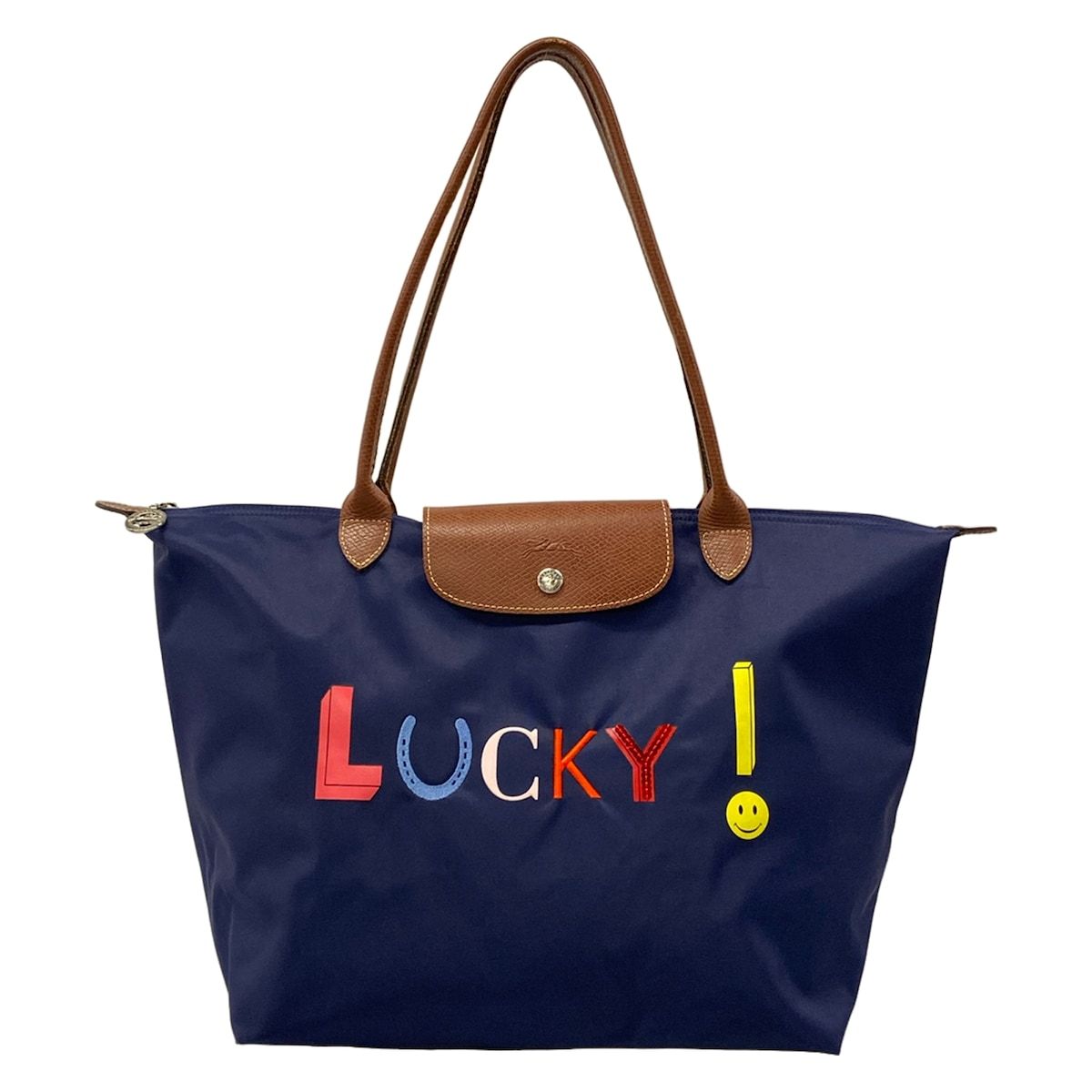 LONGCHAMP(ロンシャン) ショルダーバッグ ル・プリアージュオリジナル ネイビー×ダークブラウン×マルチ スパンコール/刺繍/LUCKY! レザー