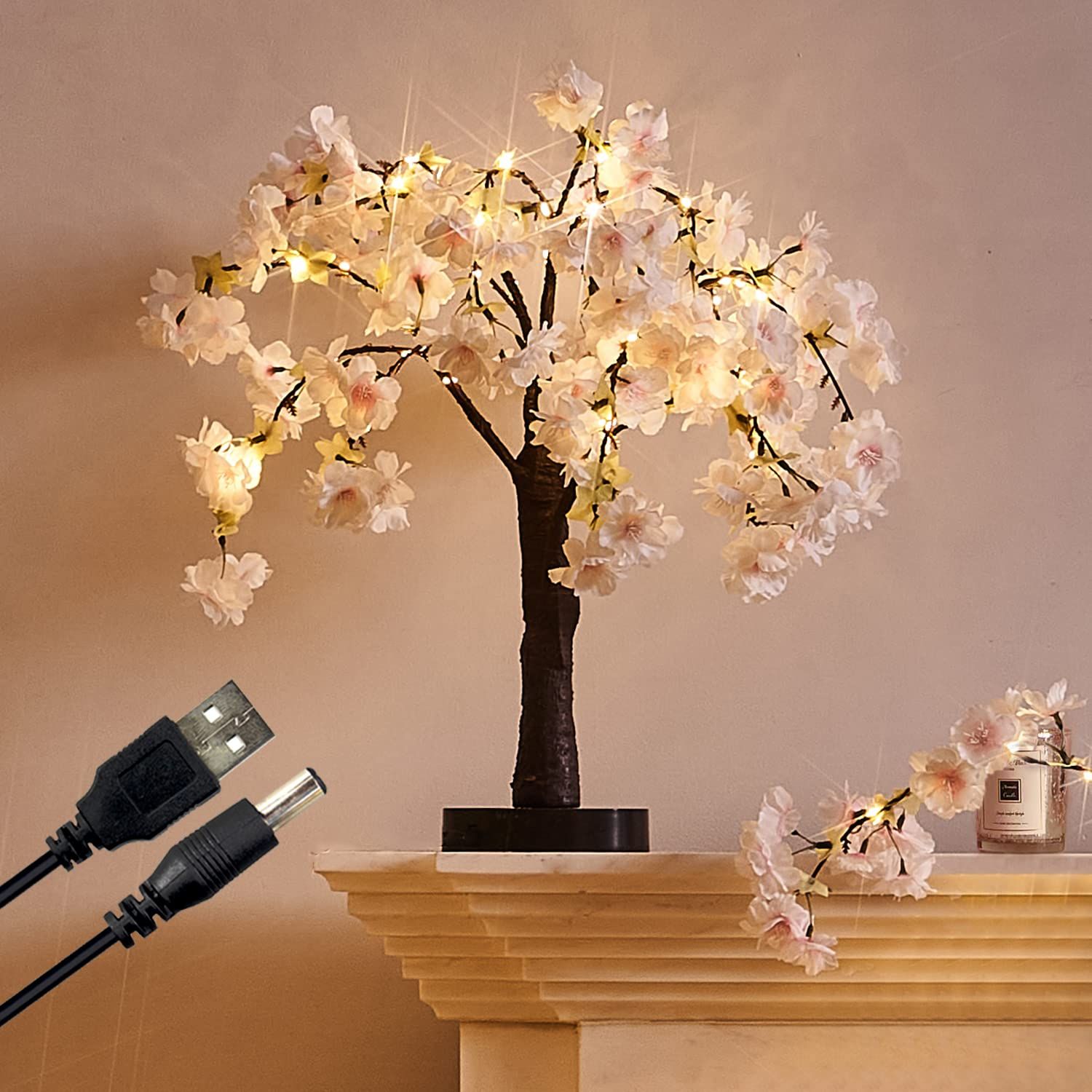 Hairui さくら ライト イルミネーション 造花 ツリー 40LED 桜 フラワー 光るお花 電池式 USB駆動 タイマー付き おしゃれ 国内発送 e7d3d6b3