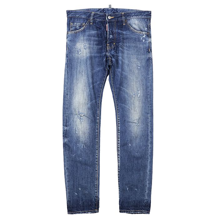 【SALE】DSQUARED2 ディースクエアード デニムパンツ サイズ 48 メンズ ジーンズ ダメージ加工 ウォッシュ シグネチャー ロゴ レザーパッチ メタルプレート ボタンフライ ボトムス インディゴ イタリア製 14,652円