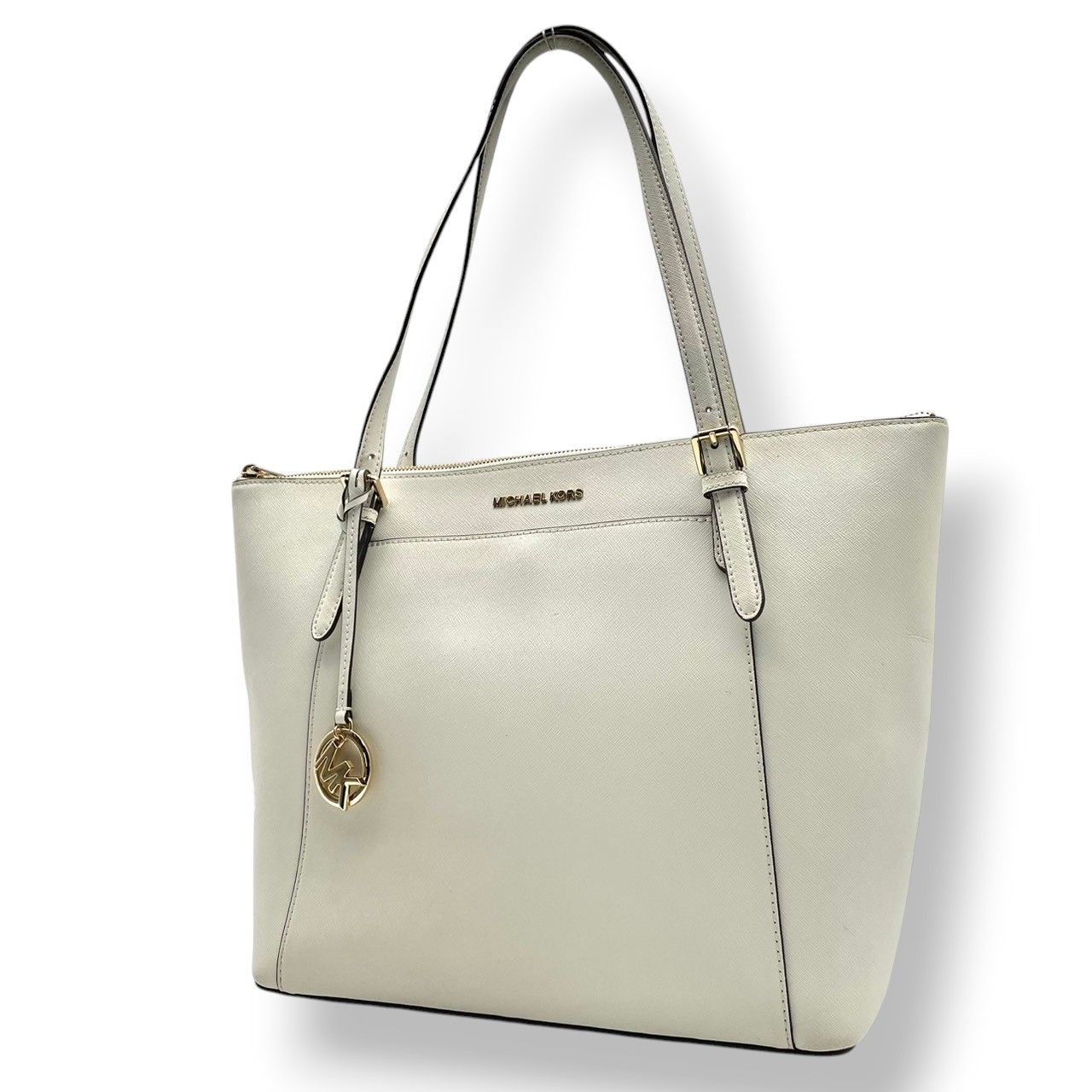 美品 マイケルコース MICHAEL KORS ジェットセット トラベル トートバッグ ショルダーバッグ レザー ホワイト 白 ゴールド金具 ロゴ 肩掛け A4収納 大容量 エレガント ビジネス 通勤 通学 デイリー レディース 鞄 S79