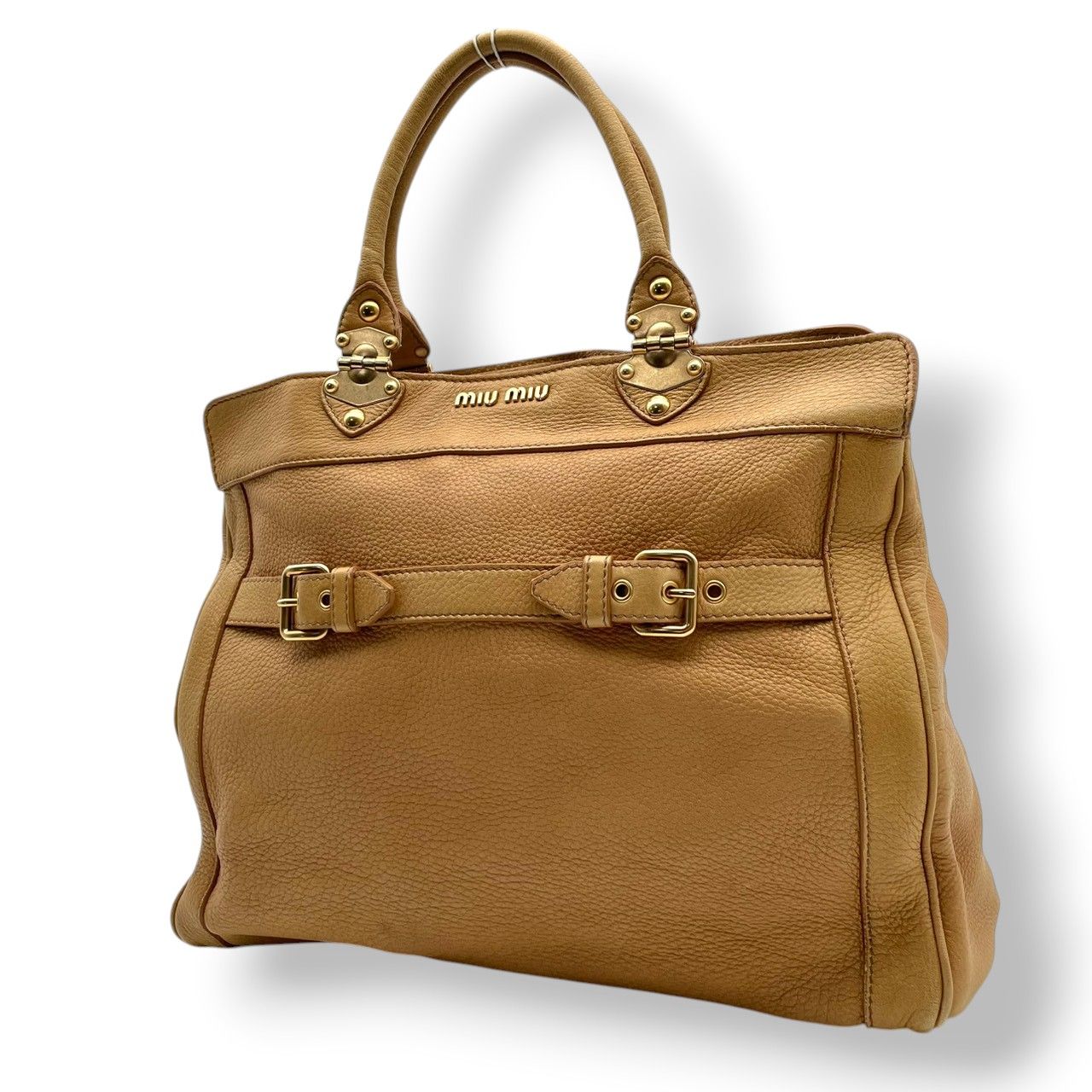 良品 ミュウミュウ miumiu フィオッコ ハンドバッグ トートバッグ レザー ベージュ サイドリボン ゴールド金具 エレガント お出かけ 通勤 通学 レディース 鞄 カバン S62