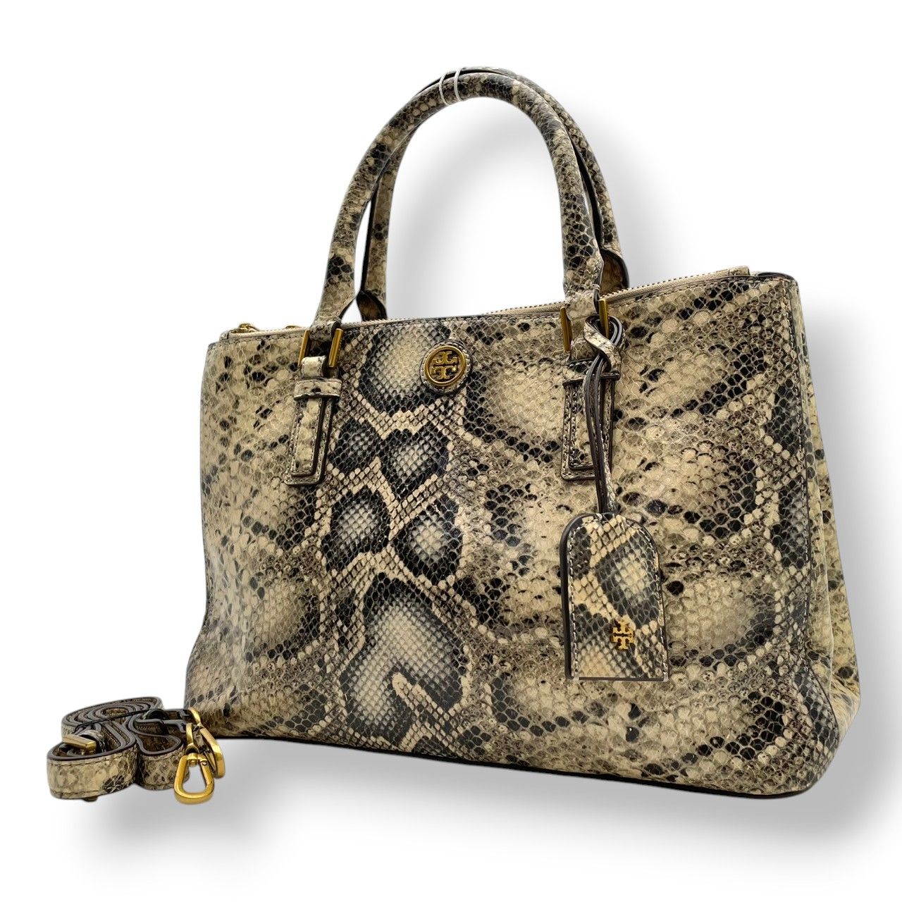 【美品】TORY BURCH トリーバーチ 2WAY トートバッグ ショルダーバッグ スネーク柄 ヘビ柄 レザー 本革 ゴールド金具 ロゴ エレガント 上品 高級感 お出かけ 普段使い レディース 大容量 S62