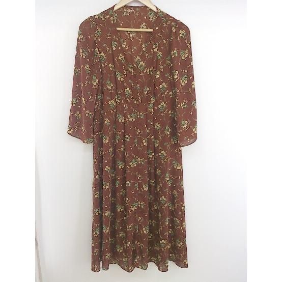 ◇ ◎ NATURAL BEAUTY BASIC 花柄 長袖 膝下丈 ワンピース サイズM ブラウン イエロー グリーン レディース P 【中古】 【1208240004904】