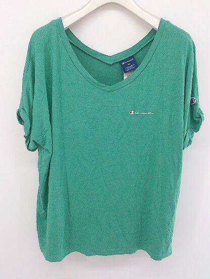 ◇ Champion チャンピオン ロゴ Vネック 半袖 Tシャツ カットソー サイズM グリーン系 レディース P 【中古】 【1208260001969】