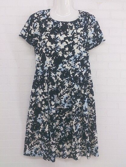◇ style com 総柄 バッグジップ 半袖 膝丈 ワンピース サイズ9 ブラック ホワイト ブルー系 マルチ レディース P 【中古】 【1208260012309】
