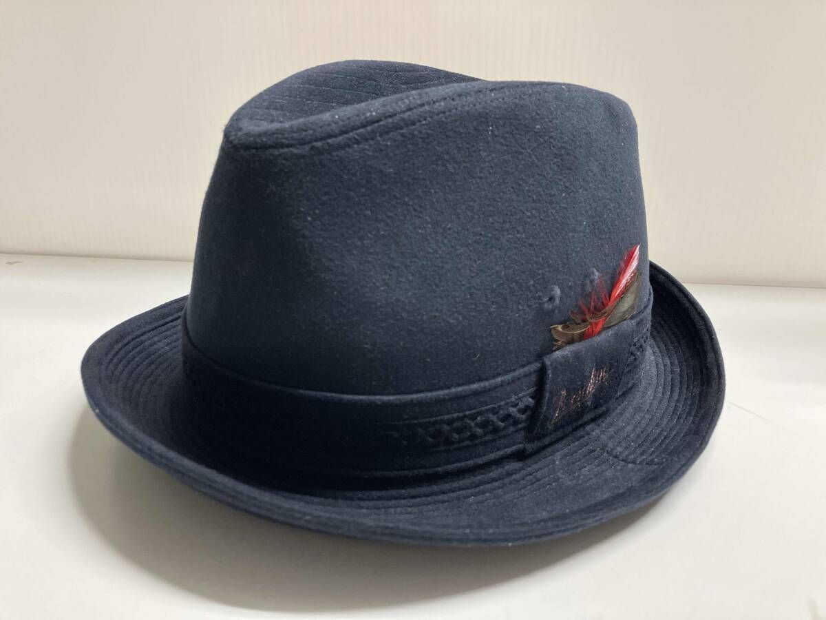 Borsalino ボルサリーノ フェルトハット B1015-02400 帽子 サイズ57cm ダークネイビー 濃紺 赤茶羽付き