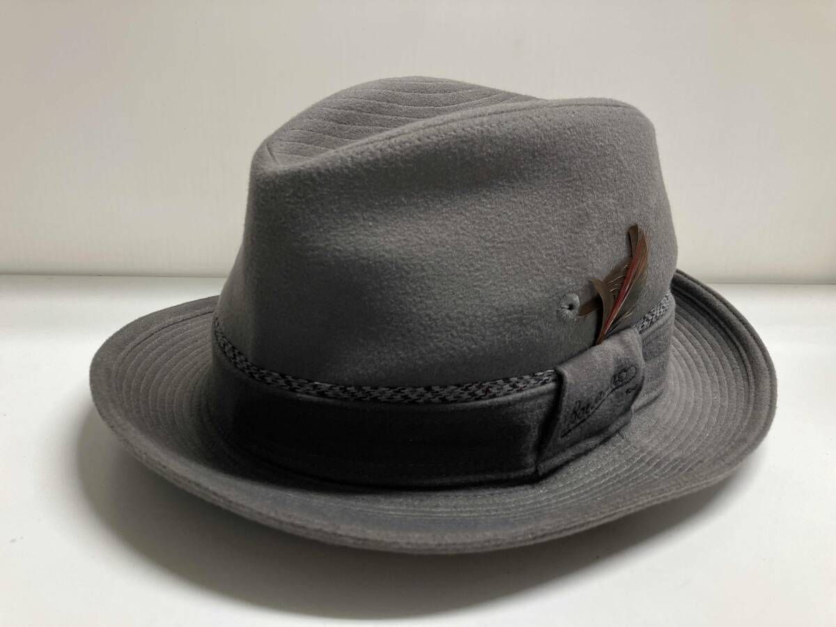 Borsalino ボルサリーノ フェルトハット 帽子 サイズ57cm グレー 赤茶羽付き