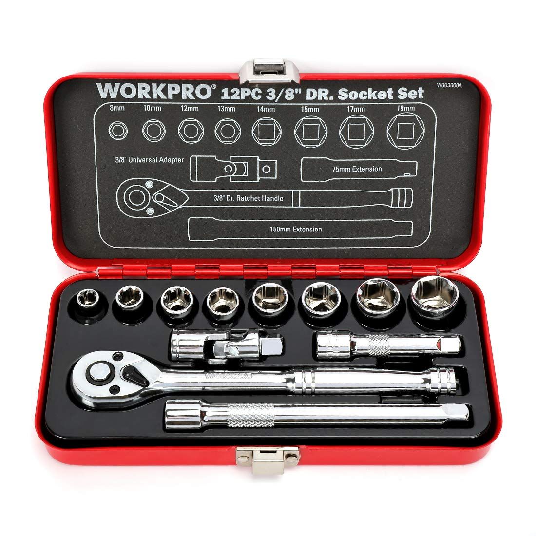 WORKPRO ソケットレンチセット ガレージツールセット ラチェットレンチ 差込角9.5mm（3/8インチ） クイックリリースラチェットハンドル 工具 道具 セット 12点組【鉄製ケース付属】 国内発送 eff6b270