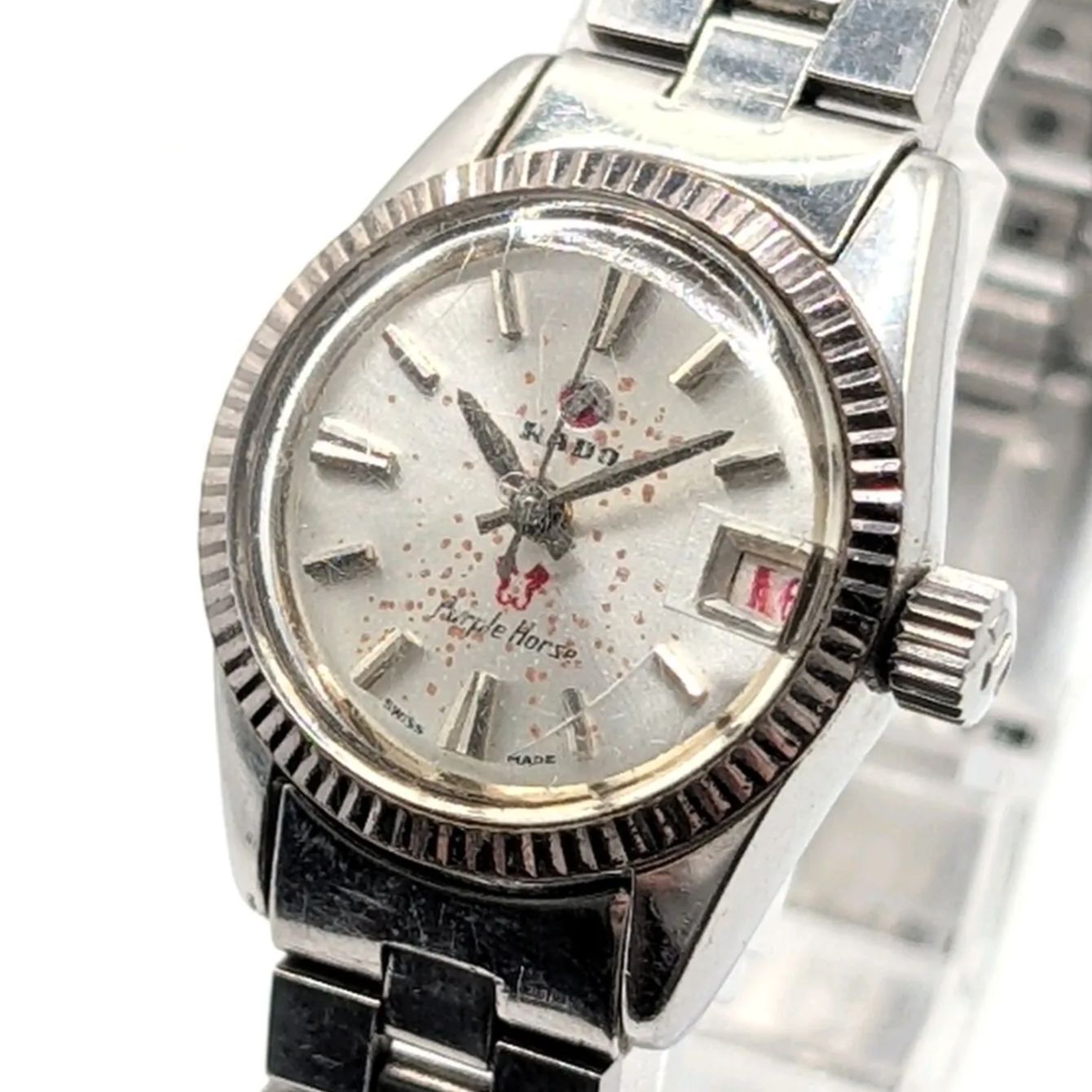 RADO Purplehourse 779-2 Watch Hand-Winding Ladies Round Silver Black dial Date Y2K ラドー パープルホース レディース 時計 手巻き ラウンド デイト 稼働品