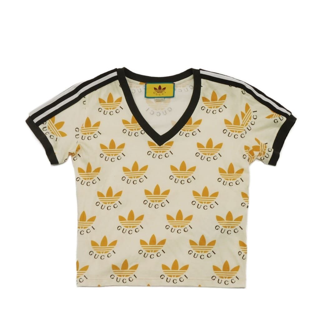 GUCCI グッチ トレフォイル ロゴ プリント Vネック XS 160/84Y ストライプ ブラウン 22SS アディダス クリーム 半袖Ｔシャツ 693539 XJEBY 9039