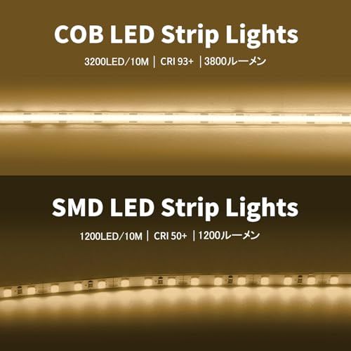 ledテープライト COB 高密度 高輝度 320LEDs/m アダプター・調光器付き 24V 10M カット可能 両面テープ設置 テープライト cob 電球色★m 5cb54b63