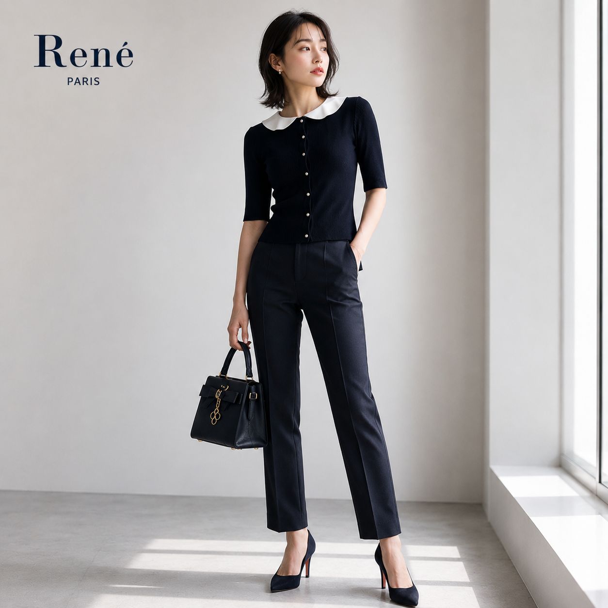 【新品同様】Rene 6922720 / ルネ 36 「Sサイズ（7号相当）」ネイビー 白襟付（取り外し可） リブニットカーディガン半袖ニット 手洗い可 二の腕を上品にカバー5分袖 上品 学校行事 お受験