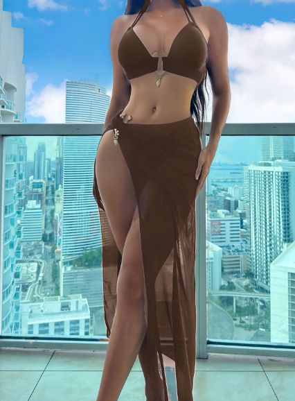 【ブラウン】水着 レディース ビキニ パレオ付き ツーピース パレオ セット セクシー ハイレグ シースルー 韓国 リゾート 人気